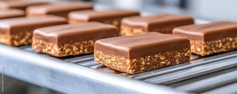 Delicious chocolate bars neatly arranged on a conveyor, showcasing smooth milk chocolate and crunchy texture. Ideal for sweets lovers. Delicious chocolate bars neatly arranged on a conveyor, showcasing smooth milk chocolate and crunchy texture. Ideal for sweets lovers.