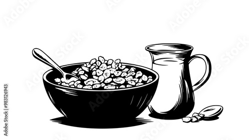 Cold cereal bowl with flakes beside a jug of milk and a spoon, food illustration vector