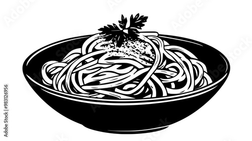 Bowl of spaghetti carbonara, twirled neatly, with a garnish of grated cheese, food illustration vector