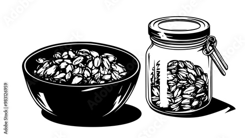 Bowl of granola with clusters visible, positioned next to a glass jar of granola, food illustration vector