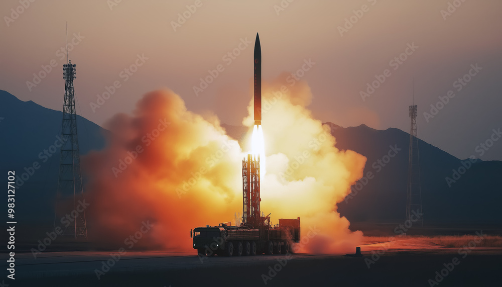 ICBM ballistic missile being launched at remote location military test base. Large transportation vehicle near. Generative AI