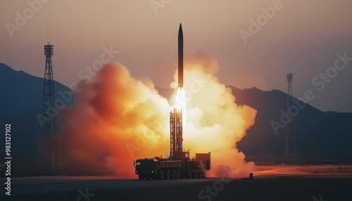Obraz na płótnie ICBM ballistic missile being launched at remote location military test base. Large transportation vehicle near. Generative AI w salonie