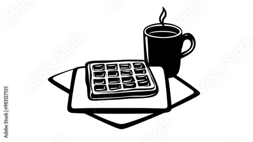 Breakfast table displaying a single Belgian waffle on a square plate, food illustration vector