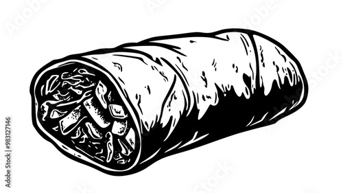 Burrito resting on a flat surface, tightly wrapped with visible bulges from fillings, food illustration vector