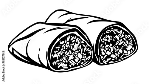 Burrito cut in half, showing even distribution of meat, rice, and fillings, food vector graphic