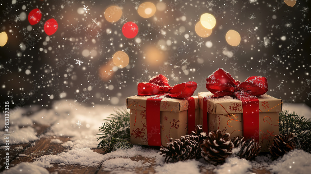 pair of Christmas gifts wrapped in red ribbons and adorned with pine cones pair of Christmas gifts wrapped in red ribbons and adorned with pine cones