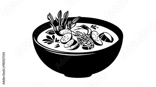 Chowder soup served in a dish with seafood, potatoes, and vegetables, food illustration vector