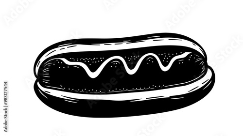 Close-up of a hot dog with sausage in a bun, topped with mustard, food illustration vector