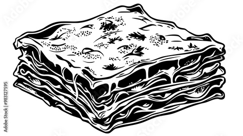 Close-up of a lasagna slice showing distinct layers of pasta, sauce, and melted cheese, food illustration vector