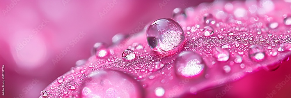 A tight shot of a pink flower, adorned with dewdrops on its petals against a vivid pink backdrop A tight shot of a pink flower, adorned with dewdrops on its petals against a vivid pink backdrop