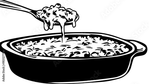Close-up of a spoonful of mac and cheese lifted from dish, food illustration vector