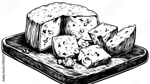 Close-up of blue cheese crumbles scattered on a flat surface with a wedge nearby, food illustration vector