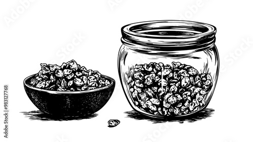 Close-up of granola clusters inside a large glass container beside an open bowl, food vector illustration