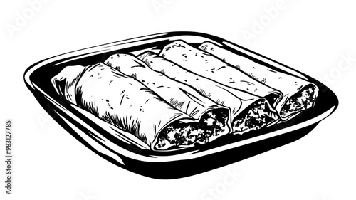 Close-up of enchiladas showing the texture of the tortillas and sauce, served on a plain dish, food illustration vector