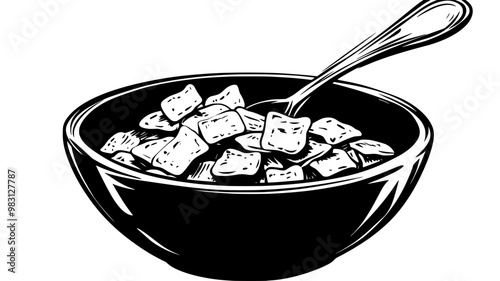 Close-up of cereal pieces inside a bowl with a spoon resting on the edge, food vector graphic