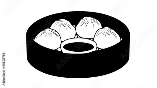 Close-up of dim sum in a bamboo steamer basket with a dipping sauce, food vector graphic