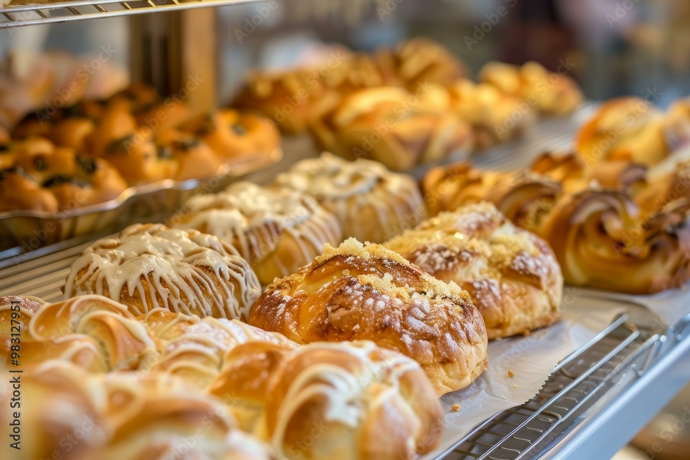 Freshly baked sweet buns with a variety of toppings cooling on a metal rack in a bakery display case Freshly baked sweet buns with a variety of toppings cooling on a metal rack in a bakery display case