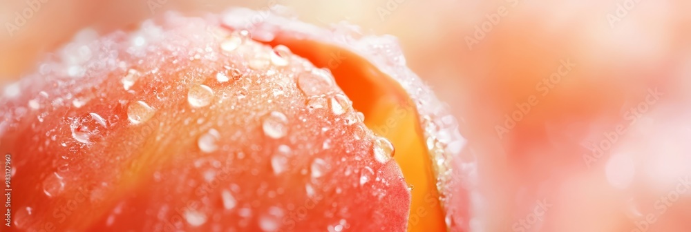 A tight shot of a bloom, adorned with dew-kissed water droplets on its petals and the flower's heart in focus A tight shot of a bloom, adorned with dew-kissed water droplets on its petals and the flower's heart in focus