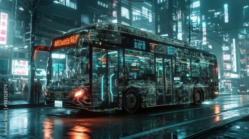 Futuristic Bus in a Cyberpunk City