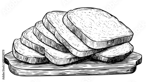 Close-up of sourdough bread slices stacked on a cutting board, food illustration vector