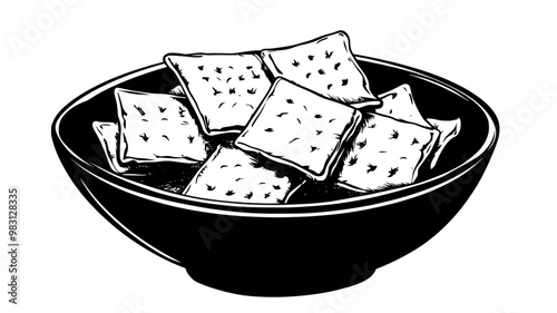 Close-up of rice crackers in a deep bowl with visible surface details, food illustration vector