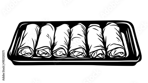 Cooked spring rolls lined up on a rectangular serving tray, food vector illustration