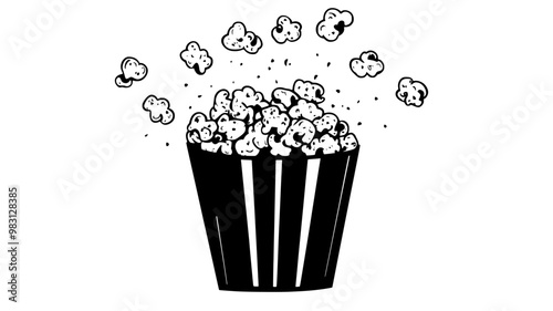 Container filled with flavored popcorn, with kernels spilling over, food vector graphic