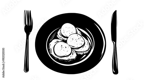 Eggs benedict on a plate with a small bowl of sauce placed beside it, food illustration vector