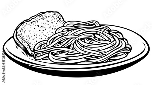 Fettuccine noodles in Alfredo sauce served with garlic bread, food illustration vector