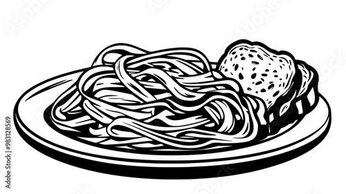 Fettuccine pasta with Alfredo sauce served with garlic bread on the side, food vector illustration