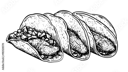 Fish fillets in soft tortillas with visible toppings and sauce, food illustration vector