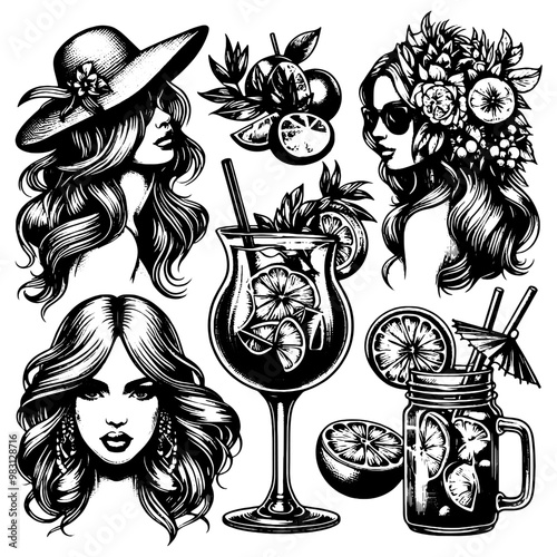 Cocktails with Citrus Fruits and Spices in Black and White Illustration. Vector, generative ai.