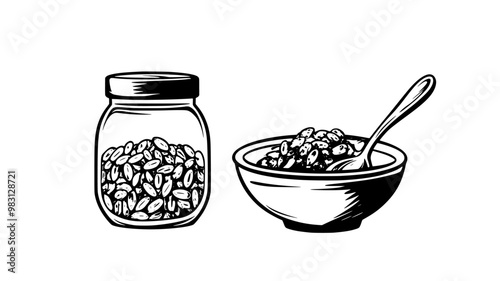 Glass jar of muesli beside a bowl with muesli and a spoon, food illustration vector