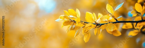  A tree branch with yellow leaves in sharp focus, surrounded by a background of yellow leaves softly blurred