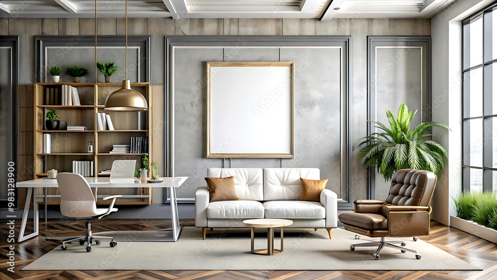 Frame mockup in modern industrial interior with leather furniture, luxury office, 3d render, white Mock up frame Frame mockup in modern industrial interior with leather furniture, luxury office, 3d render, white Mock up frame