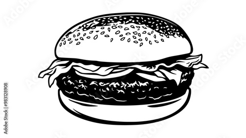 Grilled beef burger with lettuce, onions, and cheese on a sesame bun, food illustration vector