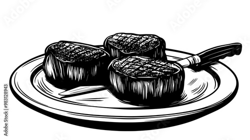 Grilled filet mignon arranged on a platter with a knife for slicing, food illustration vector