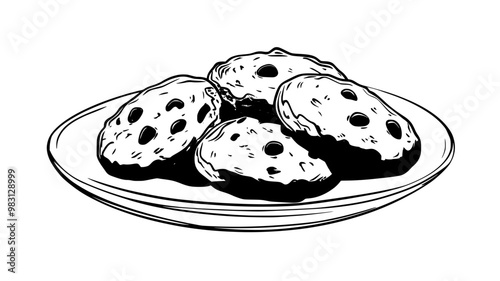 Group of oatmeal cookies placed together on a round dessert plate, food illustration vector