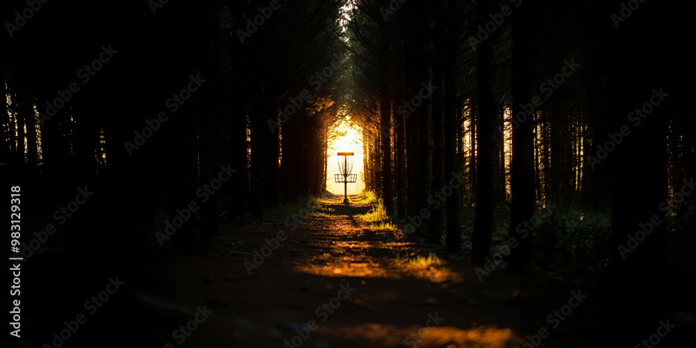 Obraz premium Disc Golf Basket & Chains , Tunnel Shot Through Forest Trees, Discgolf Frisbee Sport