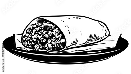 Large burrito on a plate, filled with rice, meat, and beans, food vector graphic