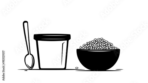 Large container filled with muesli beside a bowl with some muesli and a spoon, food vector illustration