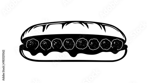 Meatball sub cut in half showing meatballs covered in sauce, food illustration vector