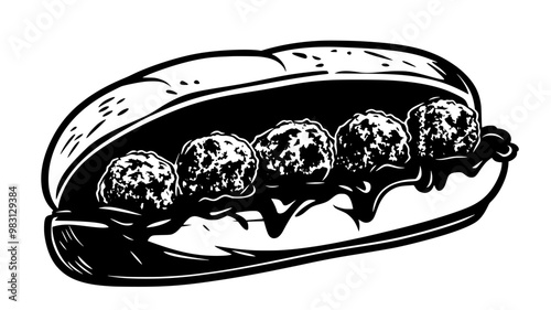 Open-faced meatball sub showing meatballs and sauce in a roll, food vector graphic
