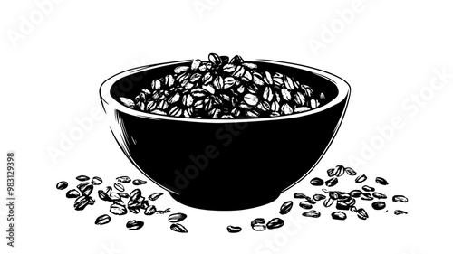 Bowl of muesli with some scattered around on a table, food vector graphic