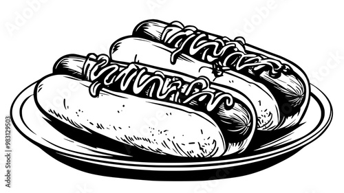 Pair of gourmet hot dogs with specialty toppings on a plate, food illustration vector