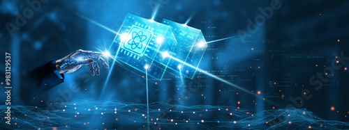 Quantum Computing: Businessman mechanical robotic hand touching quantum computing network technology on interface. Data encryption, superposition, processing power, entanglement, revolutionary concept photo