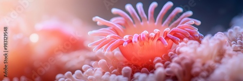  A close-up of a pink and white sea anemone