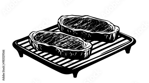 Pair of steaks side by side on a metal grill with char marks, food illustration vector
