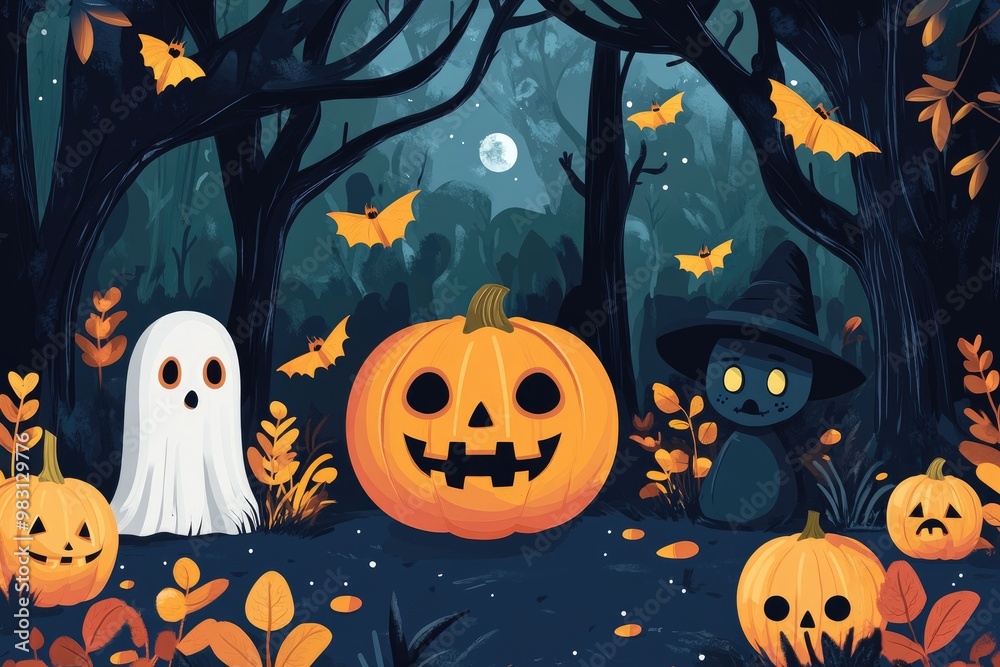 A Group of Halloween Characters in a Dark Forest A Group of Halloween Characters in a Dark Forest