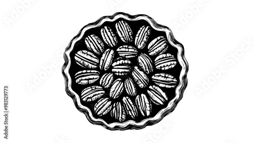 Pecan pie with a glossy top, filled with whole pecans arranged in a circular pattern, food vector illustration